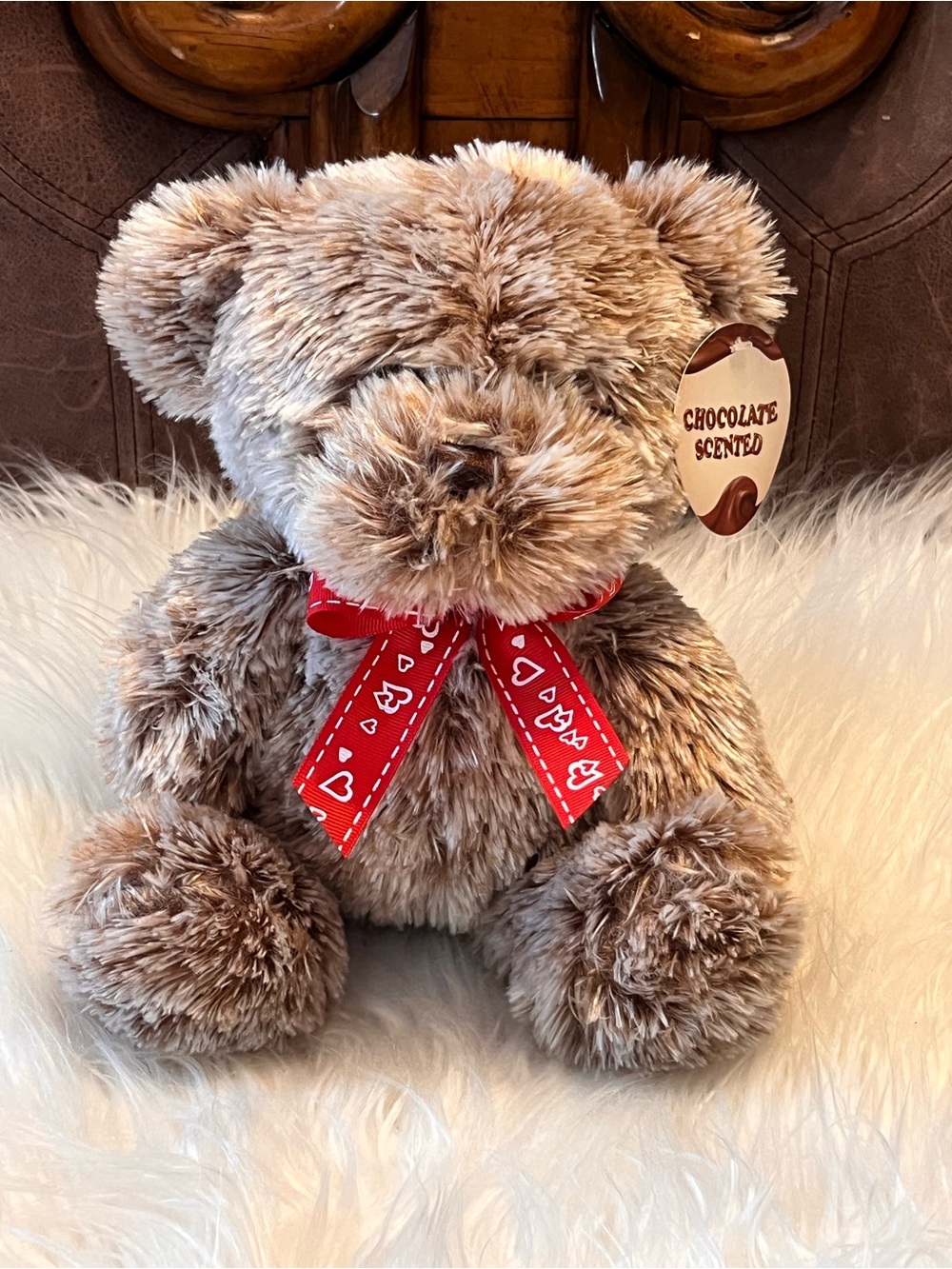Chocolate Scented Plush Teddy Bear with Red Heart Ribbon NWT